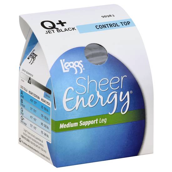 L'eggs Sheer Energy Revitalizing Sheer Pantyhose, Sheer Toe, Control Top - Size Q+, Jet Black 1.0 Pr