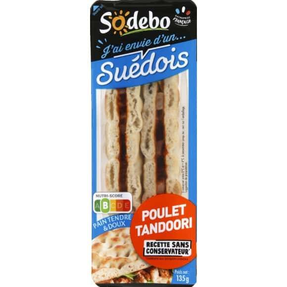 Sodebo Sandwich Au Pain Nordique Garni De Poulet Roti Assaisonné        Tandoori Et De Salade La Barquette De 135G