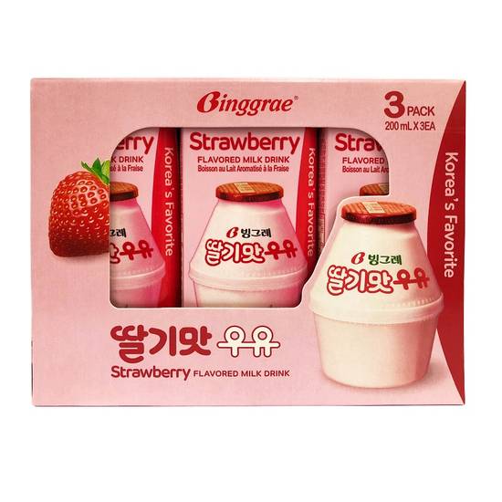 Binggrae草莓牛奶(保久調味乳)200ml <200ml毫升 x 1 x 3Bottle瓶> @15#8801104301633