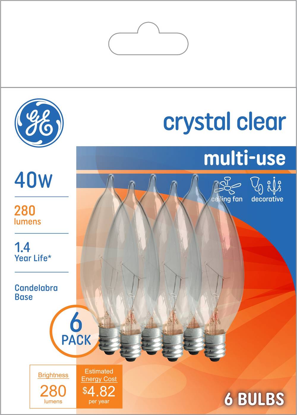 GE Classic 40-Watt EQ CA10 Soft White Candelabra Base (e-12) Dimmable Incandescent Decorative Light Bulb (6-Pack) | 93130927