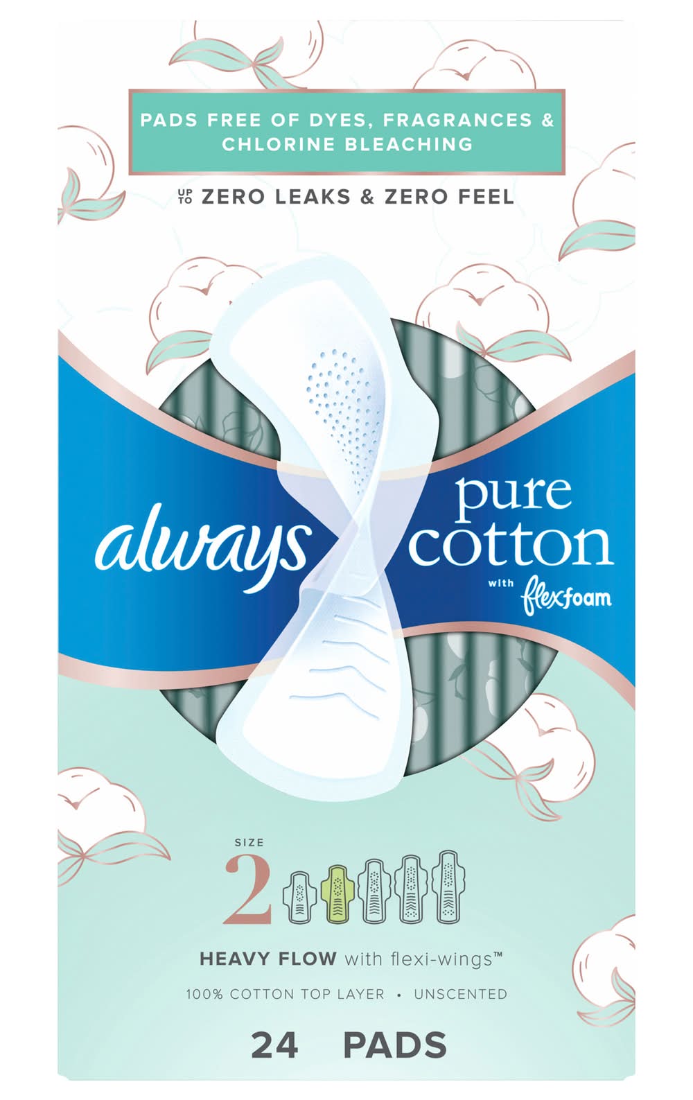 Always Pure Cotton Flexfoam Heavy Flow Wings Pads (0.5 lbs, 24 ct)