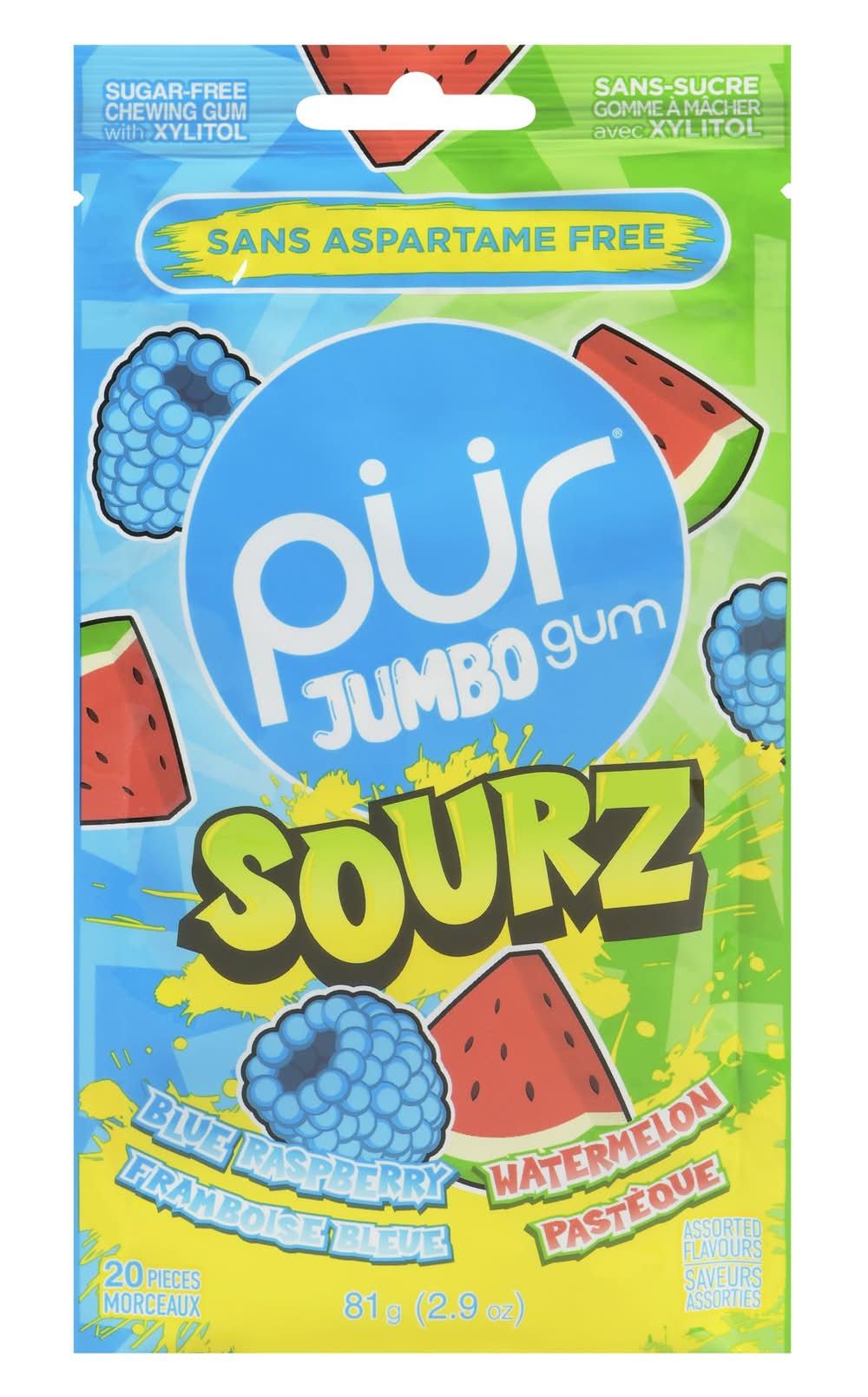 PUR Gum Aspartame Free Chewing Gum, Sourz-Blue Raspberry-Watermelon (81 g)