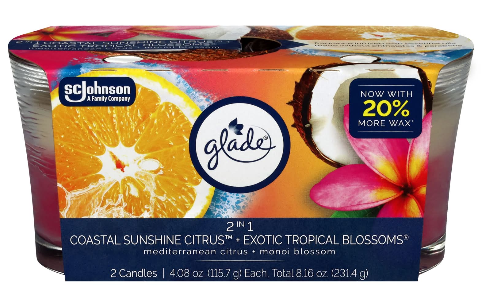 Glade 2 In 1 Jar Candle, Coastal Sunshine Citrus-Exotic Tropical Blossoms (2 x 3.4 oz)