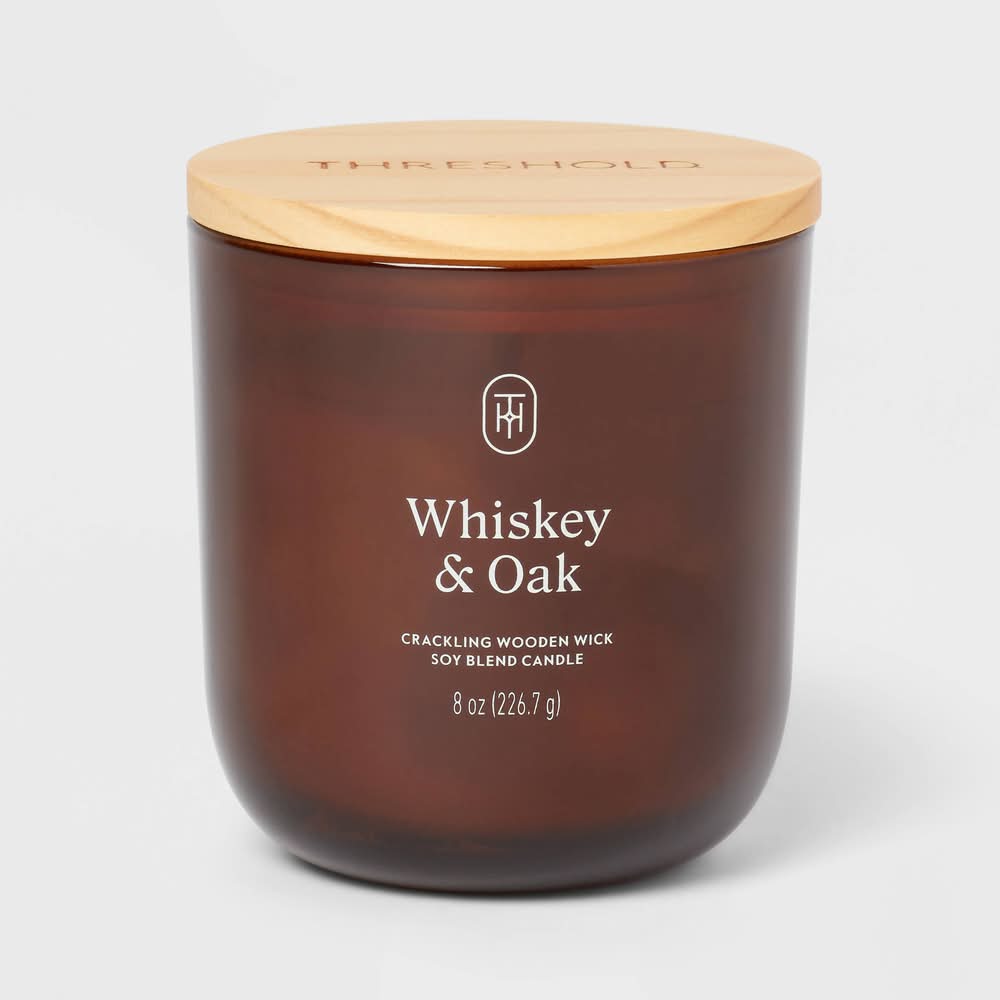 Threshold Amber Glass Wooden Wick Whiskey and Oak Jar Candle (8 oz)