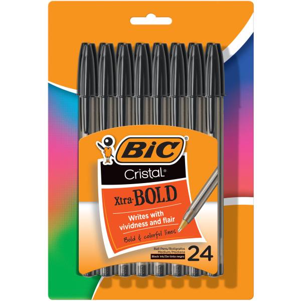Bic Cristal Xtra Bold Stic Ballpoint Pens, 1.6 Mm, Clear Black Barrel, Black Ink 24 ct