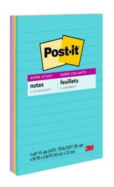 Post-It Lined Super Sticky Notes, 4 in x 6 in", Supernova Neons (4 ct)