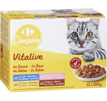 Comida húmeda bocaditos de carne y pescado en salsa para gatos Vitalive Carrefour 12 sobres de 100 g