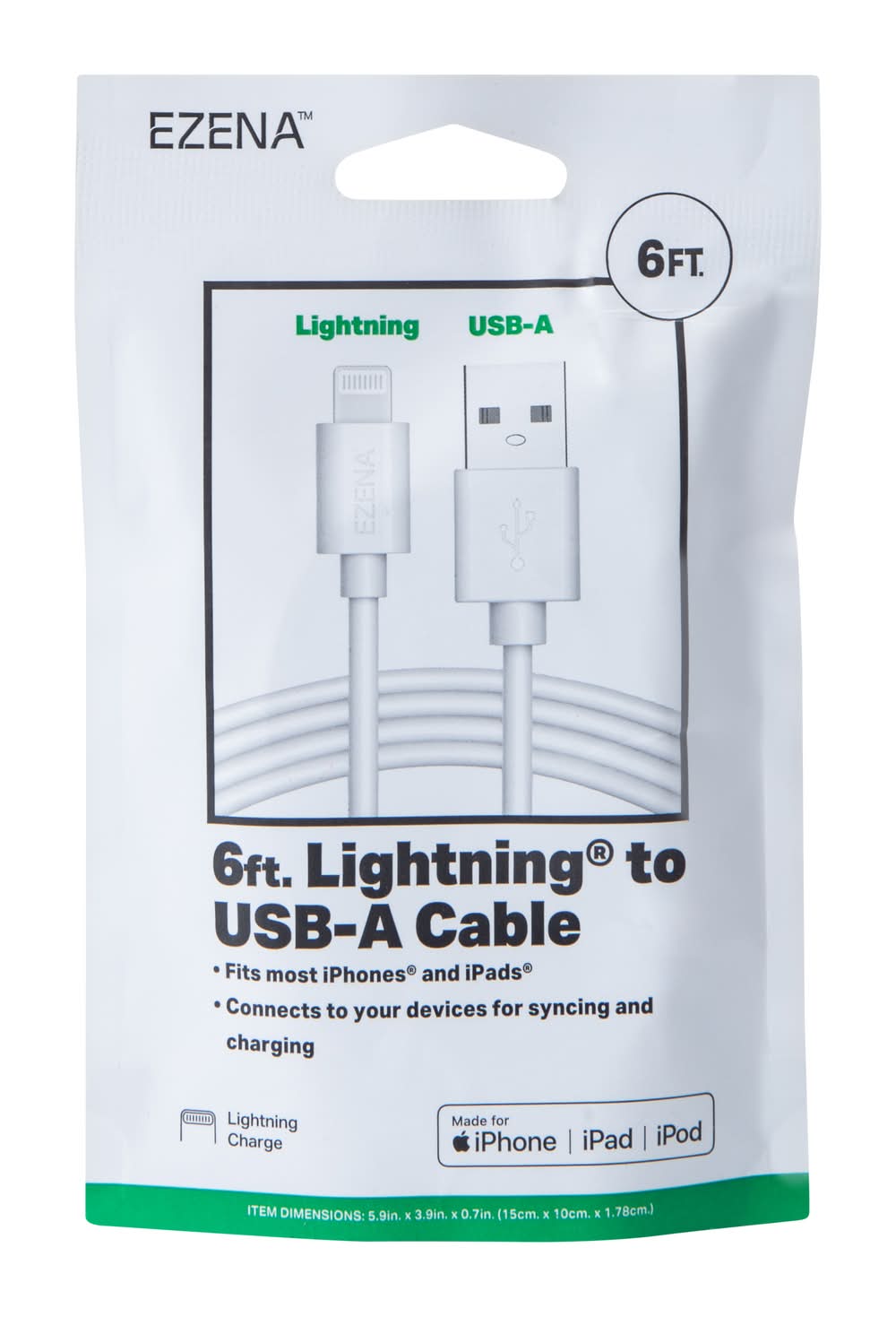 Ezena™ Lighting® To USB-A Cable 72in White