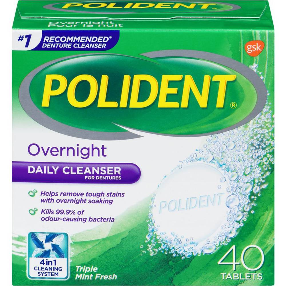 Polident nettoyant de nuit pour prothèses dentaires en comprimés à saveur fraîcheur de menthe triple (40 un) - overnight denture cleanser (40 ea)