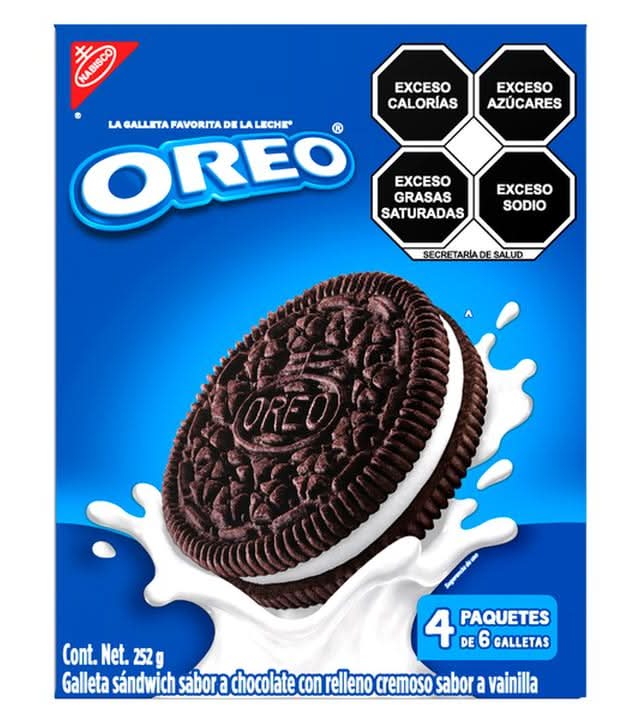 Oreo · Galletas sándwich con relleno cremoso, chocolate-vainilla (4 x 6 un)