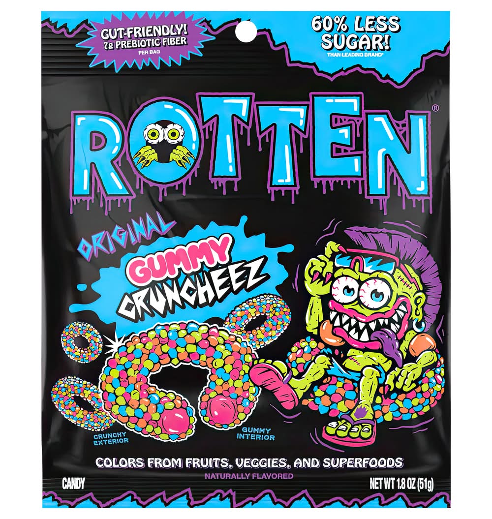 Rotten Original Cruncheez Gummy Candy, Lime-Cherry-Watermelon-Strawberry (1.8 oz)