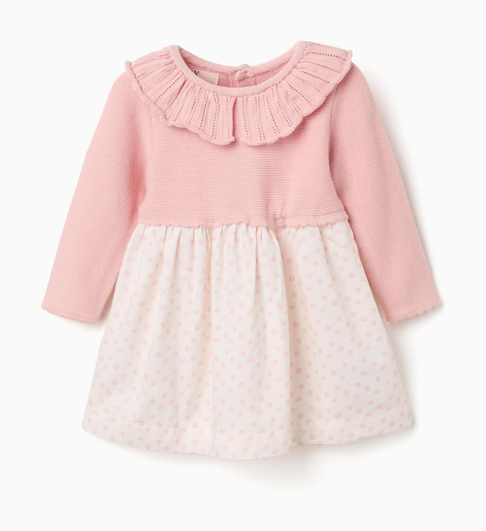 Vestido Combinado Com Motivo Floral Para Recém-Nascida, Rosa/Branco (Rosa Claro - 3/6M)
