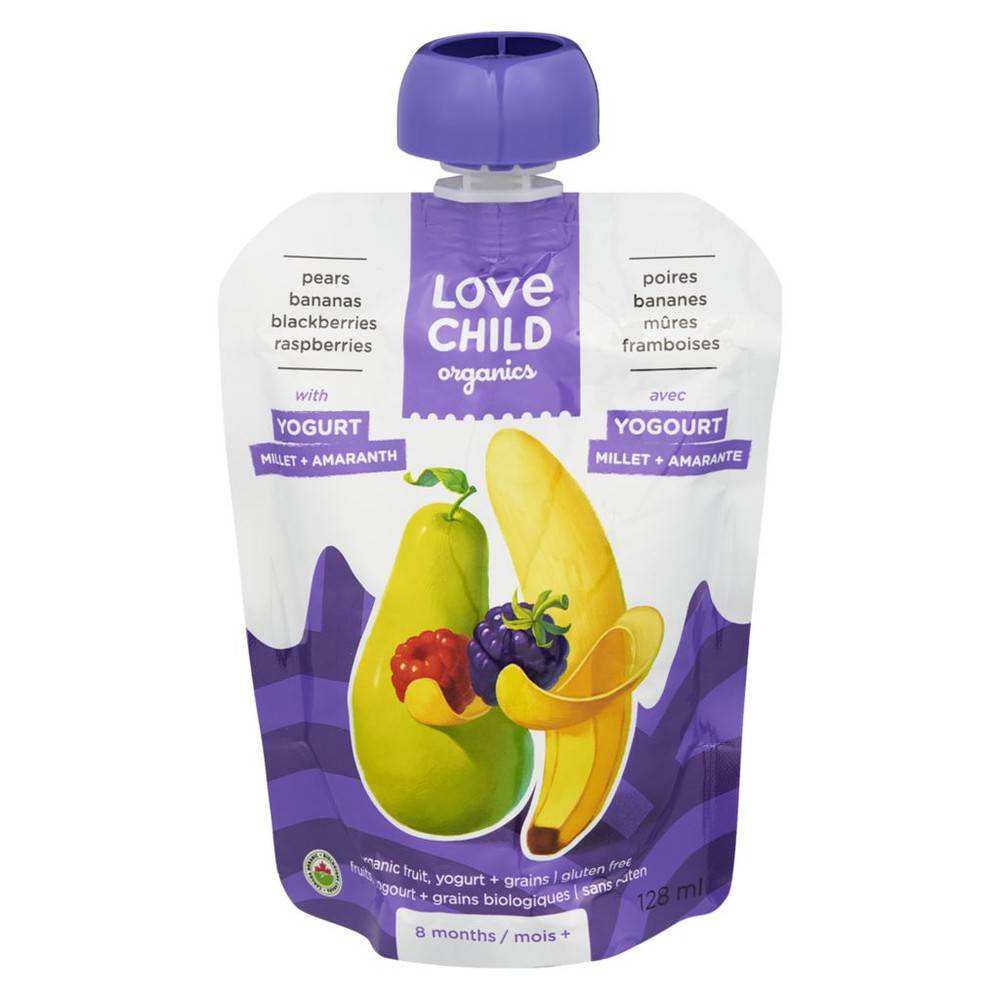 Love child organics purée biologique poires, bananes, mûres, framboises et yogourt en pochette pour bébés de 8 mois et plus (128 ml) - organic fruit yogurt, pears bananas blackberries & raspberries (128 ml)