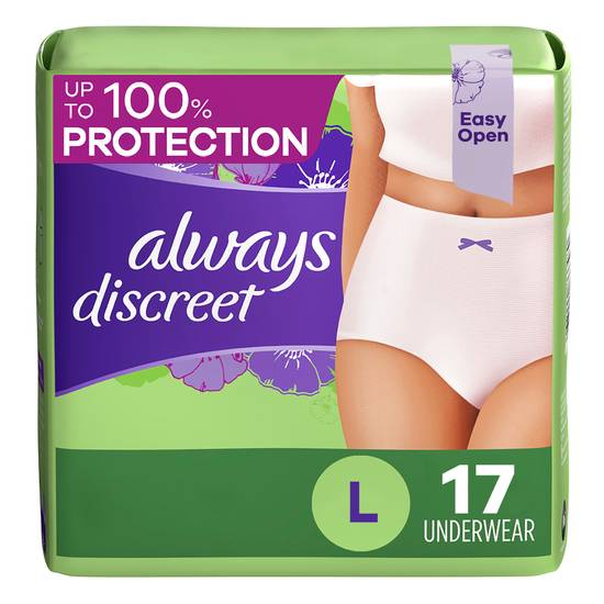 Always Discreet Incontinence Underwear for Women Maximum Protection, L, 17 CT