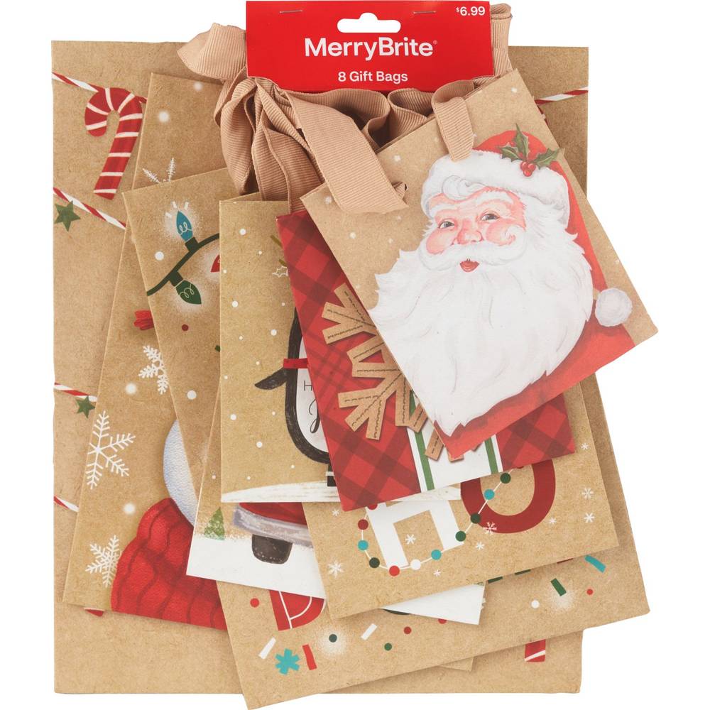 Merry Brite Holiday Kraft Gift Bag Assortment, 8 Ct