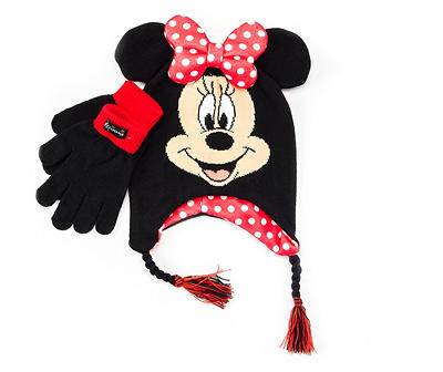 Disney Minnie Mouse 3-d Kid's Earflap Beanie & Gloves (black-red)