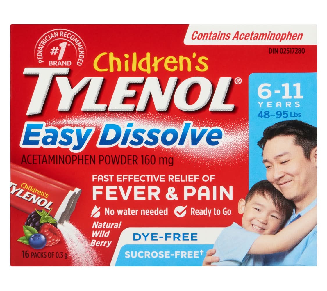 Children's tylenol dissolution facile acetaminophène en poudre dès 6 à 11 ans 160 mg (baie sauvage naturelle) (16 unités) - children's tylenol easy dissolve acetaminophen powder 160 mg, natural wild berry (0.3 g, 16 ct)