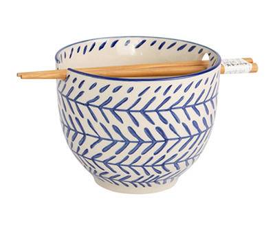Home Essentials Leaf Stripe Ramen Bowl & Chopsticks (white -blue)