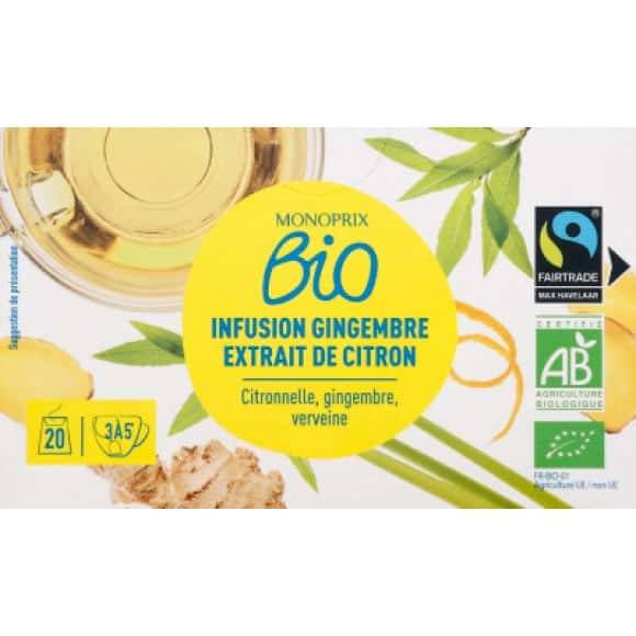 Monoprix Bio Infusion Gingembre Extrait De Citron Bio La Boàþte De 20 Sachets - 30 G