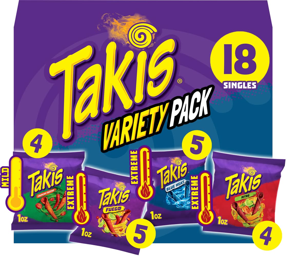 Takis Tortilla Chips Variety pack, Crunchy Fajitas- Fuego-Nitro-Blue Heat (18 x 1 oz)