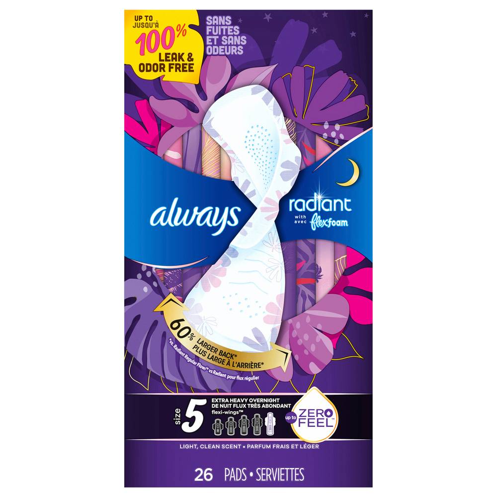 Always Radiant Extra Heavy Overnight Flexi-Wings Pads With Flexfoam Size 5 (26 ct)