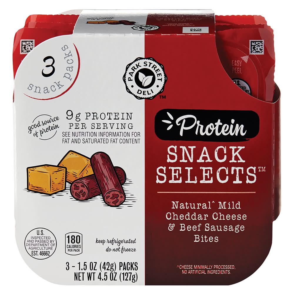 Park Street Deli Snack Selects Protein Natural Sausage Bites, Mild Cheddar Cheese & Beef (3 x 1.5 oz)