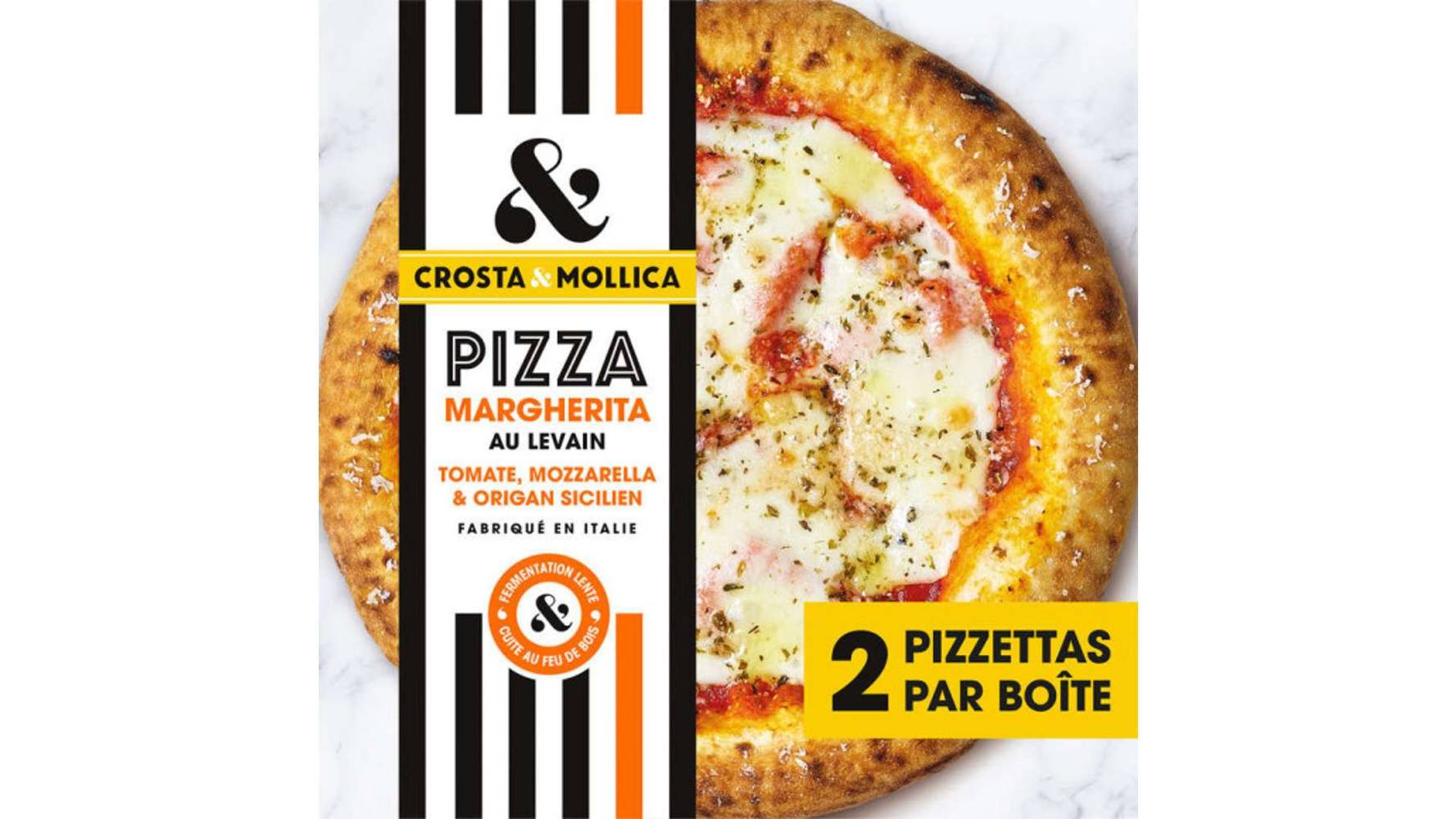 Crosta & Mollica Pizzettas Margherita au levain, tomate mozzarella et origan sicilien, surgelees, fabriquees en Italie La boite de 2, 436g