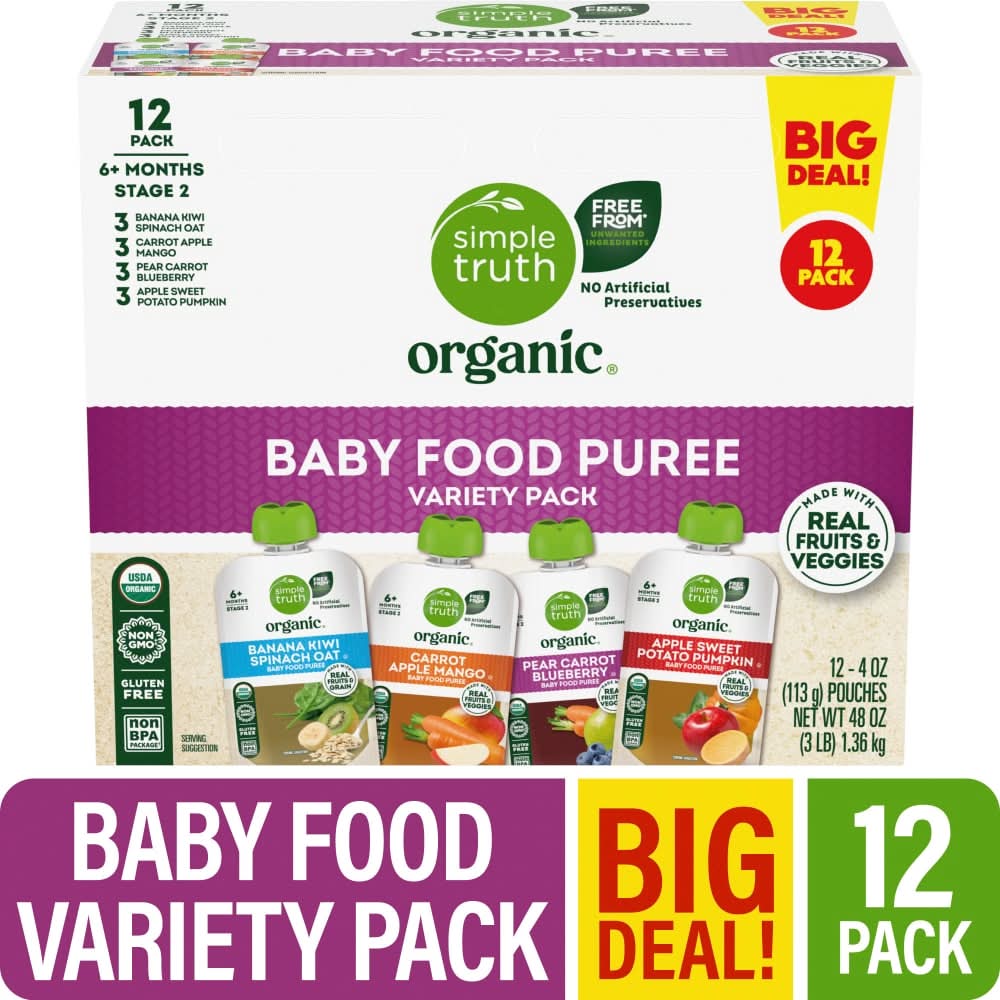 Simple Truth Organic Baby Food Puree Variety pack, Assorted, Stage 2 (48 oz, 12 ct)