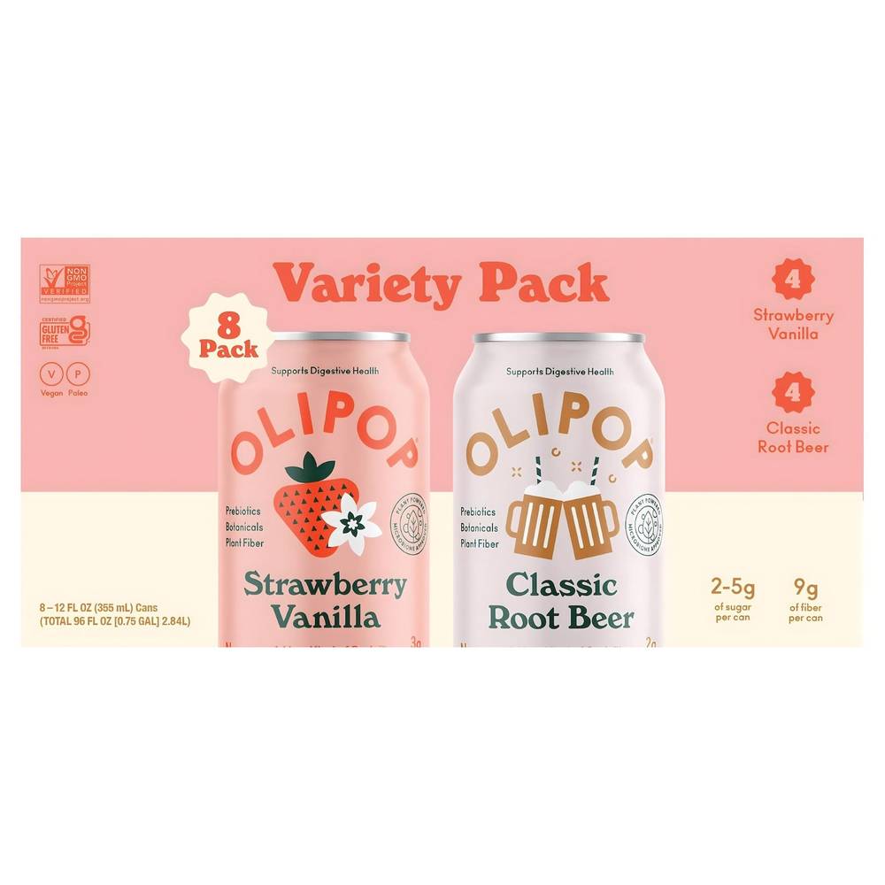 Olipop Gluten Free Sparkling Tonic (8 pack, 12 fl oz) (strawberry vanilla - classic root beer)