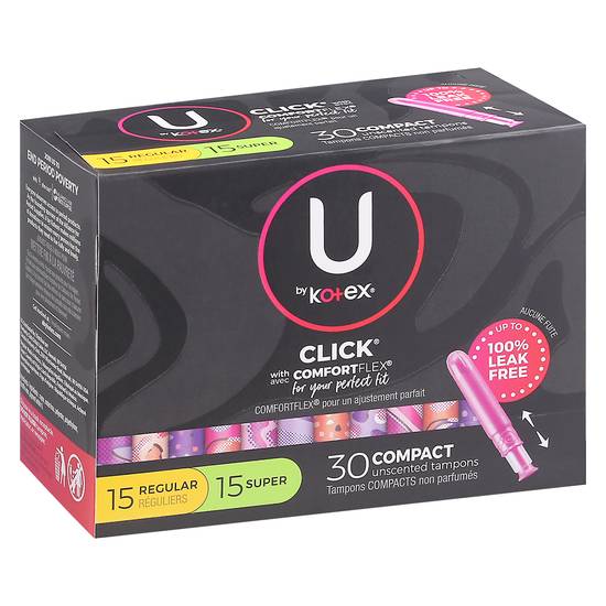 U By Kotex Unscented Regular/Super Compact Tampons, 30 ct