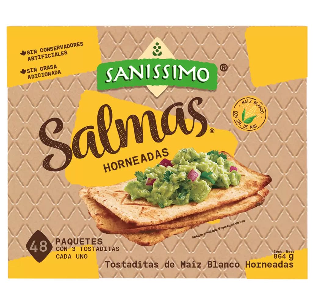 Saníssimo · Salmas tostaditas de maíz blanco horneadas (48 x 3 un)