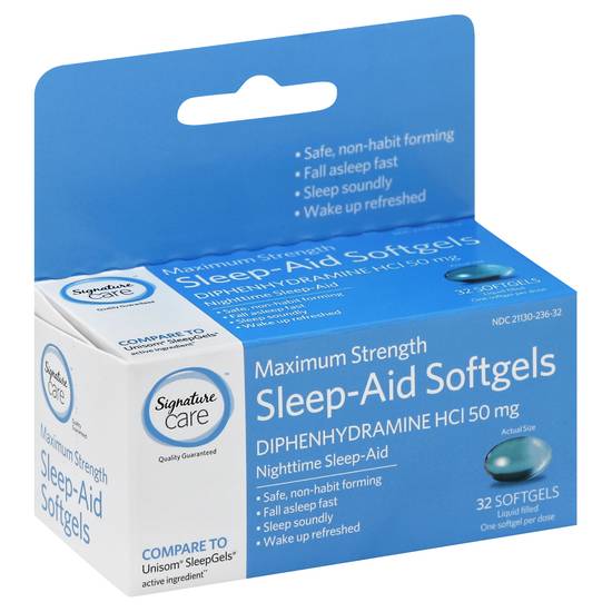 Signature Care Maximum Strength Sleep Aid 50 mg Diphenhydramine (32 softgels)