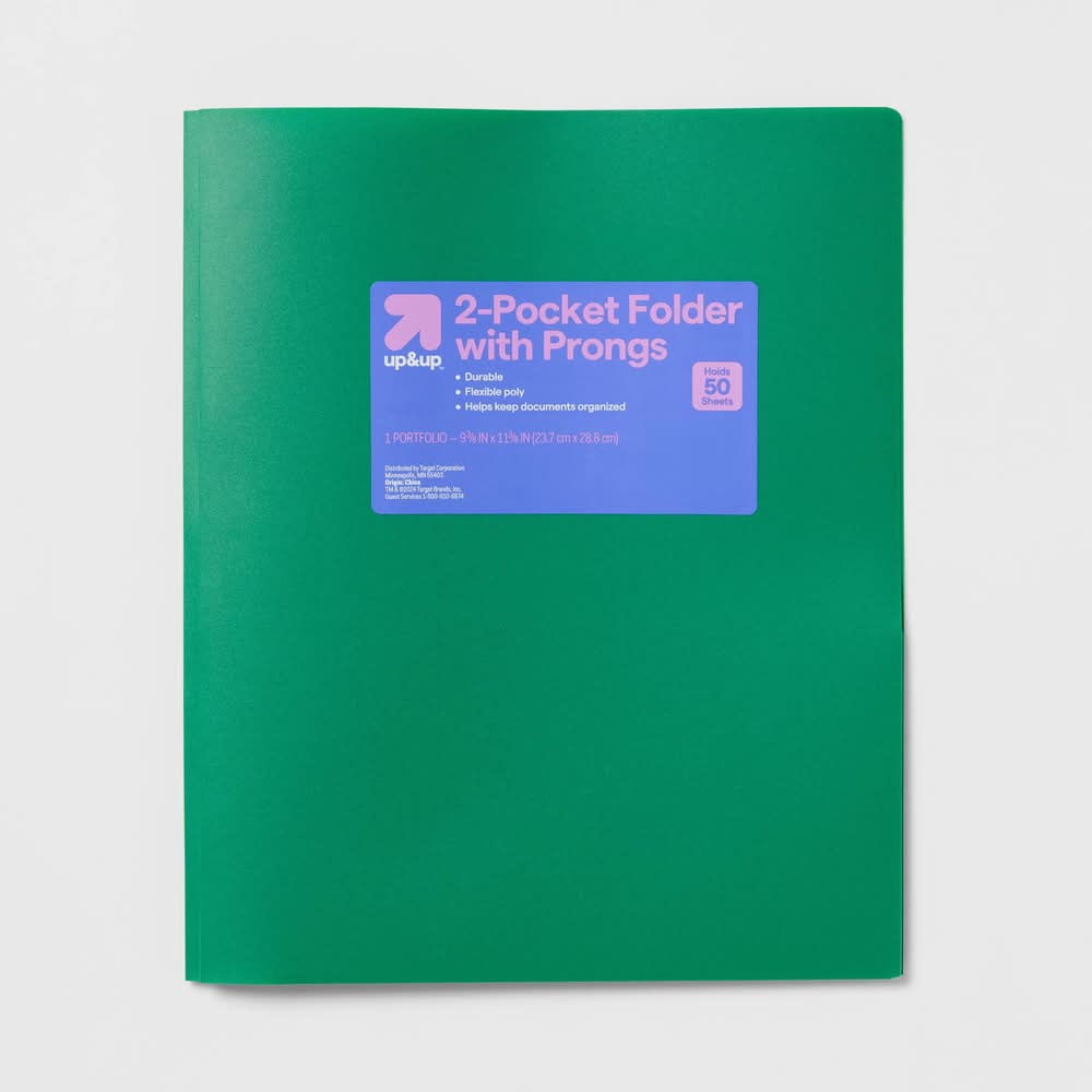 up&up 2 Pocket Plastic Folder With Prongs, Green