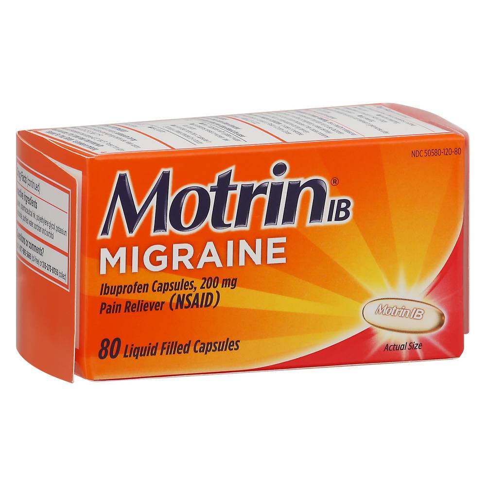 Motrin IB Migraine Ibuprofen 200 mg Pain Reliever Capsules (3.21 oz)