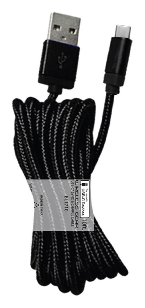 Wireless Gear Usb-C Fabric Charging Cable, 10 ft, Black