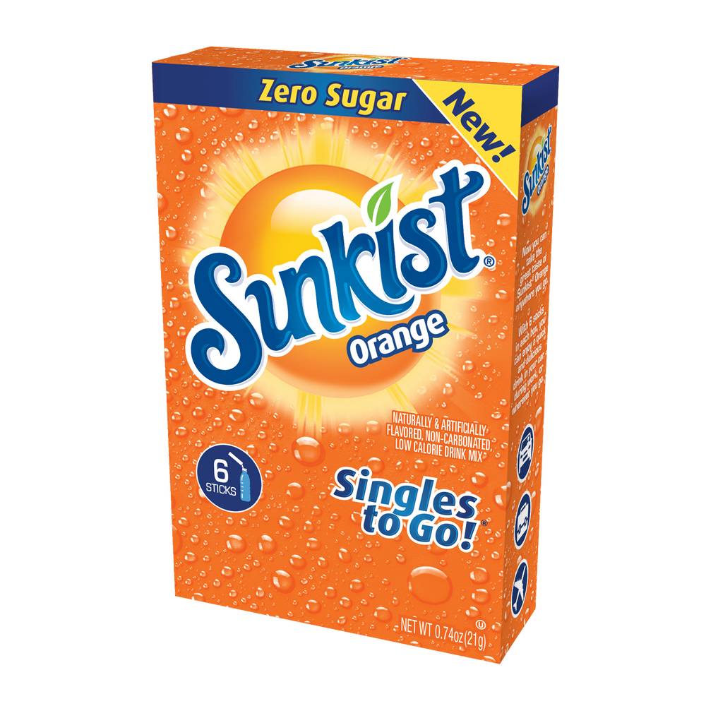 Sunkist Singles To Go! Zero Sugar Drink Mix, Orange (0.74 oz, 6 ct)