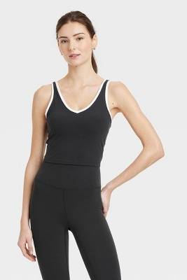 Women's Everyday Soft Light Support Contrast V Neck Cropped Sports Bra - All In Motion™ Black S: Moisture Wicking, UPF 50+