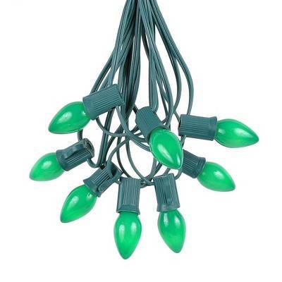 Novelty Lights 25 Feet C7 Ceramic Green Christmas String Light Set, Vintage Holiday Hanging Light Set, Green Wire