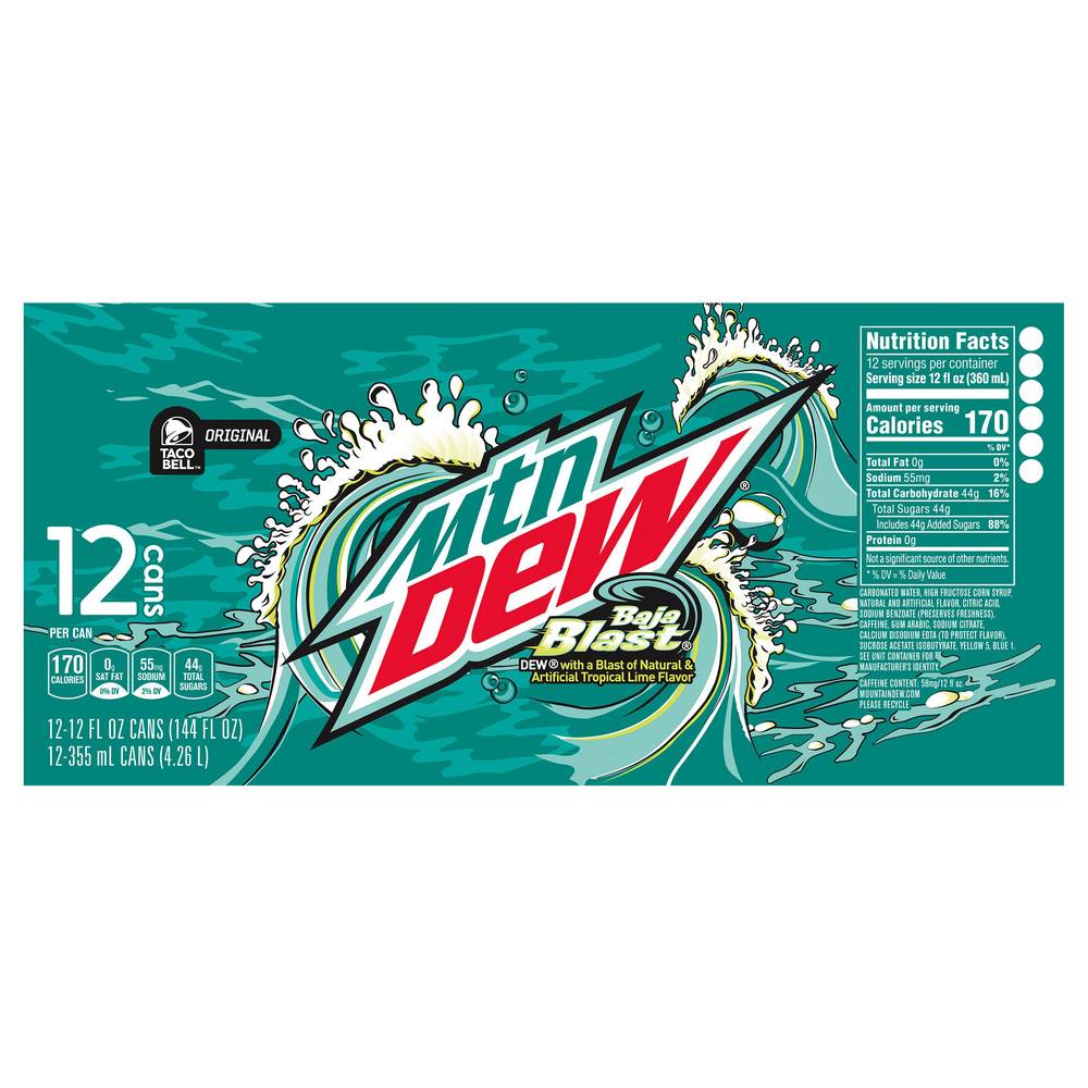 Mountain Dew Baja Blast Of Natural Soda, Tropical Lime (12 x 12 fl oz)