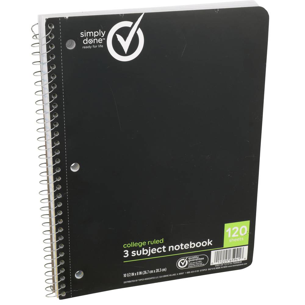 Simply Done Notebook, 3 Subject, College Ruled, 120 Sheets 1 Ea