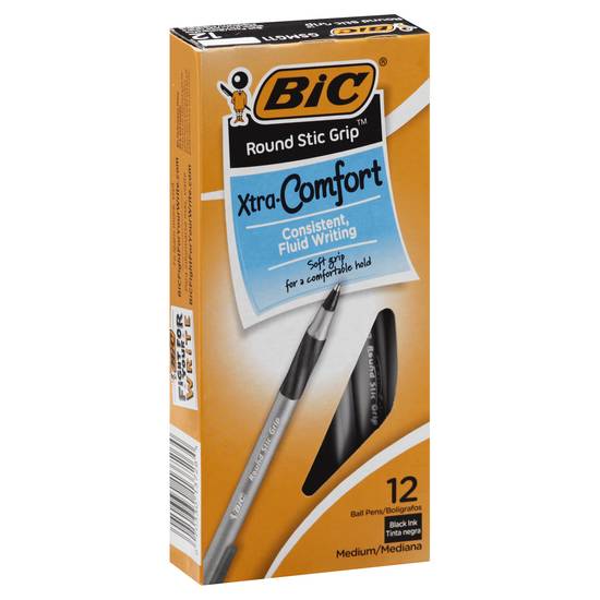 Bic Round Stic Grip Xtra Comfort Black Ink Medium Ball Pens (12 ct)