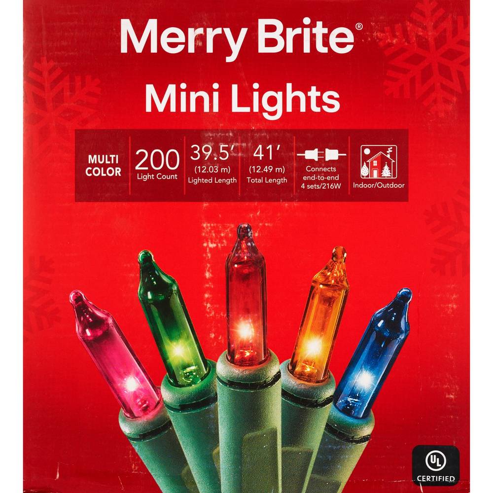 Merry Brite 200 Mini Lights, Multicolor Bulbs & Green Wire