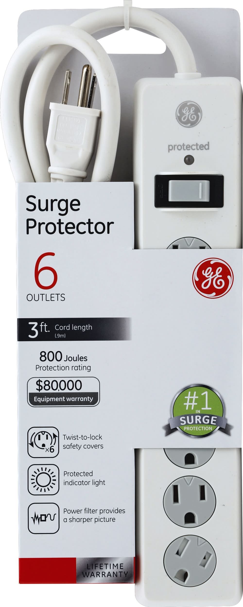 General Electric 3 Ft Cord Surge Protector With 6 Outlets, White (12.8 oz)