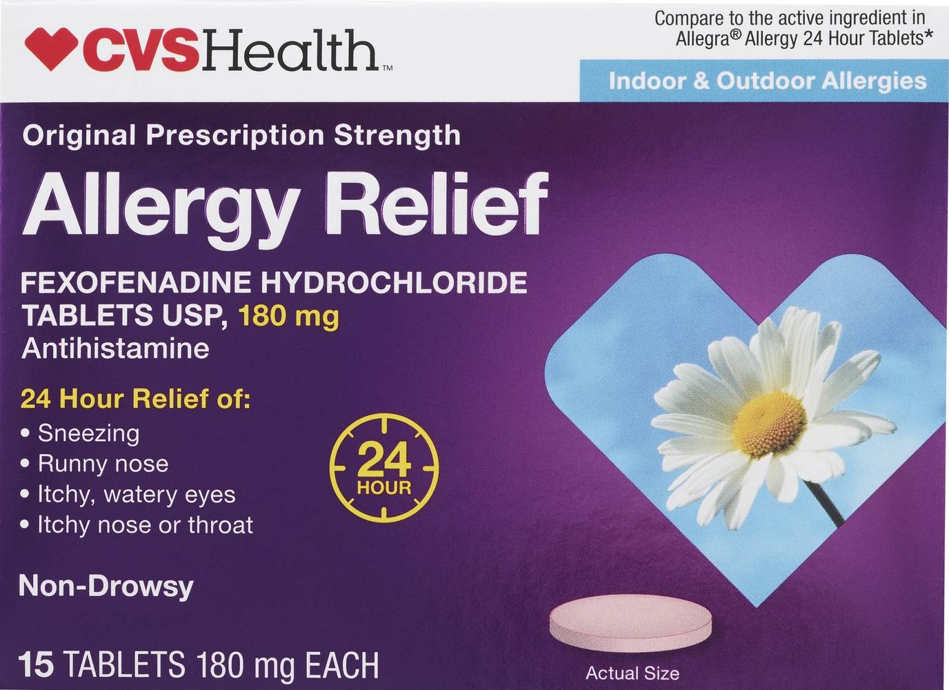 Cvs Health 24Hr Non Drowsy Allergy Relief Fexofenadine Hcl Tablets, 15 Ct