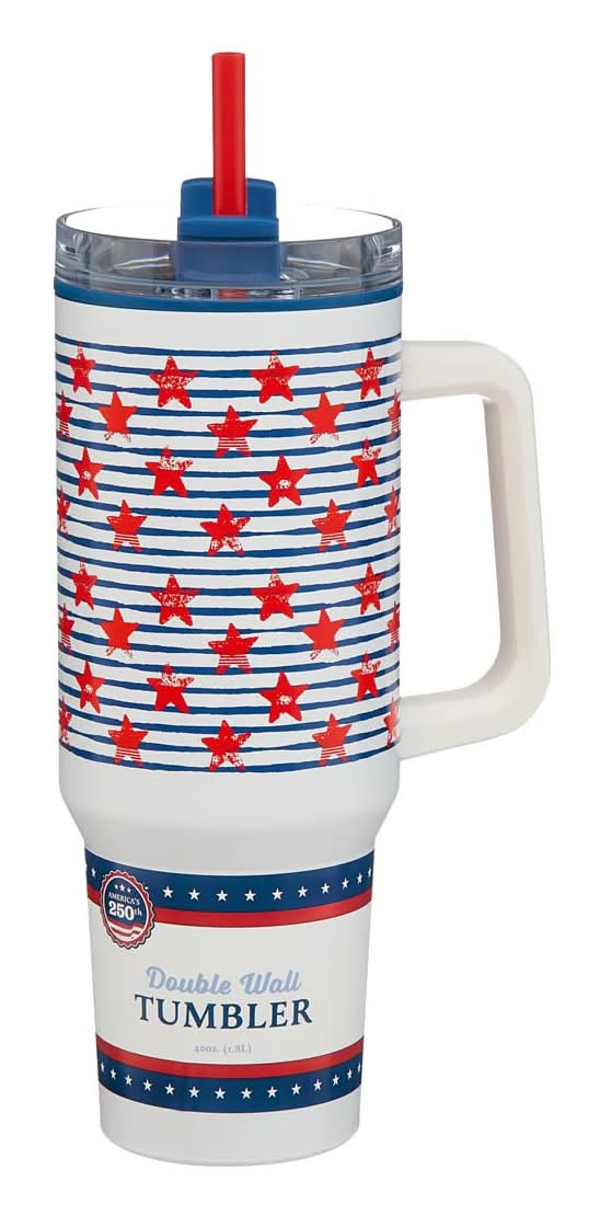 Patriotic Star And Stripe Print Double Wall Tumbler With Handle And Straw 40 Oz