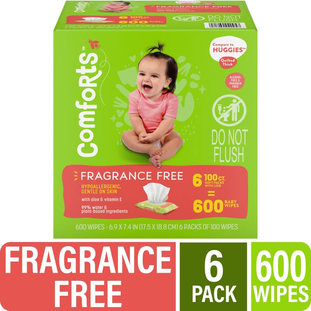 Comforts Fragrance Free Baby Wipes, 6.9x7.4 in (6 x 100 ct)