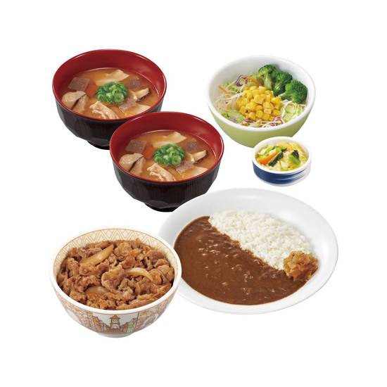 牛丼カレーとん汁セット Gyudon +  Pork Miso Soup ＆ Pickled Veggies, Beef Stock & Pork Curry Rice +  Pork Miso Soup ＆ Salad  Combo