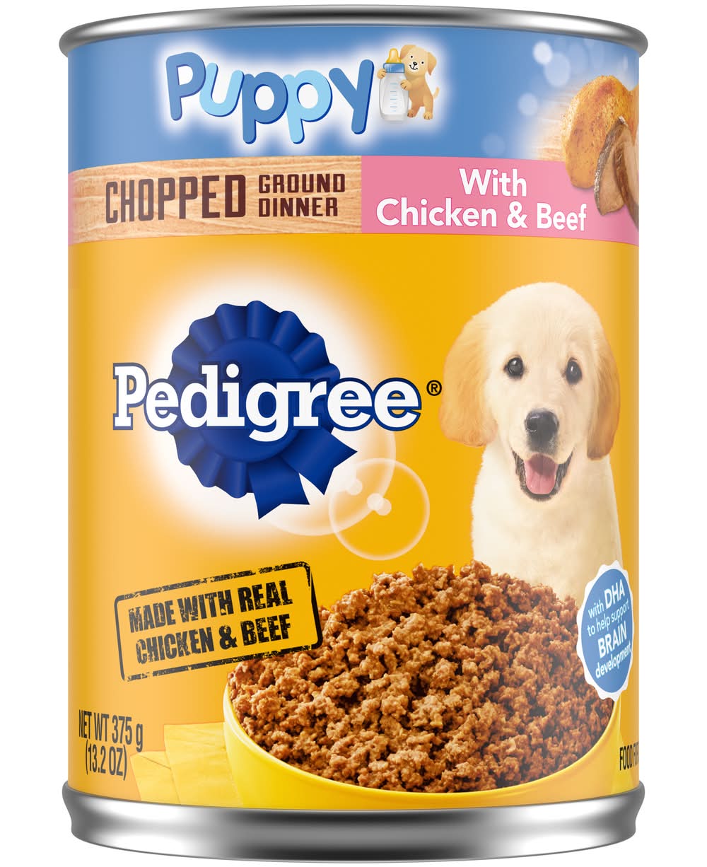 Pedigree Chopped Ground Dinner Puppy Canned Soft Wet Dog Food, Chicken - Beef (13.2 oz)