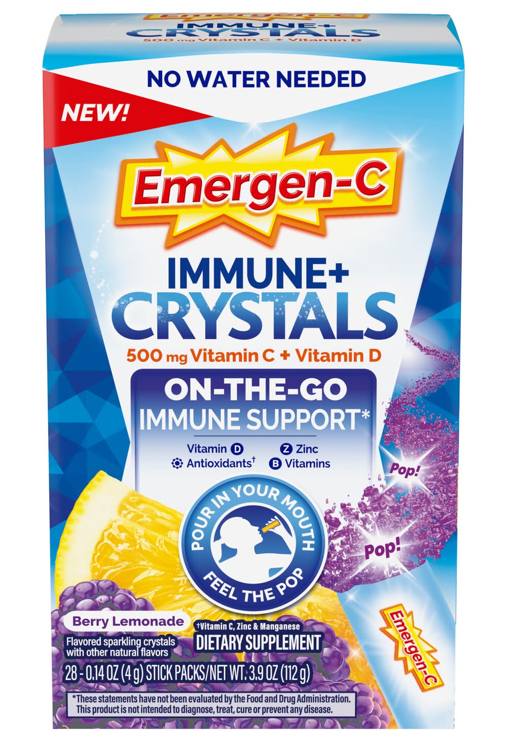 Emergen-C Immune Support Supplement Crystal Sticks, Berry Lemonade (3.9 oz, 28 ct)