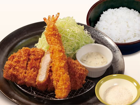 国産雪国育ちロースかつ＆海老フライ（1尾）定食